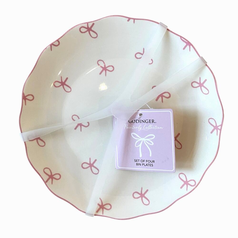 GODINGER Pink Bow 8in Salad Plates Set of 4 NEW
